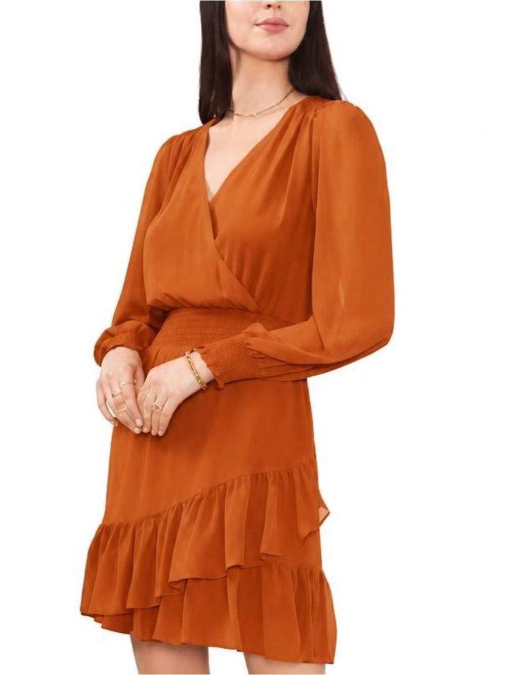NWT Vince Camuto Pumpkin Spice Orance Surplice Ruffle Hem Mini Dress Fall Vibes